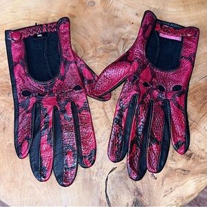 Betsy Johnson Pink and Black Snake Print Leather Biker Gloves Size Small
